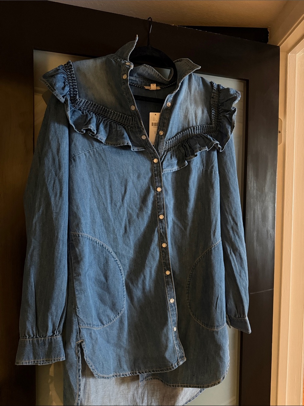 Anthropologie Denim Blue Ruffle-Trim Mini Dress